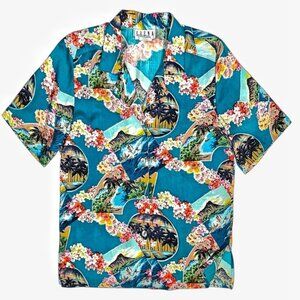 Erena Hawaiian Aloha Vintage Shirt Women Tropical Button up Teal Petite Medium